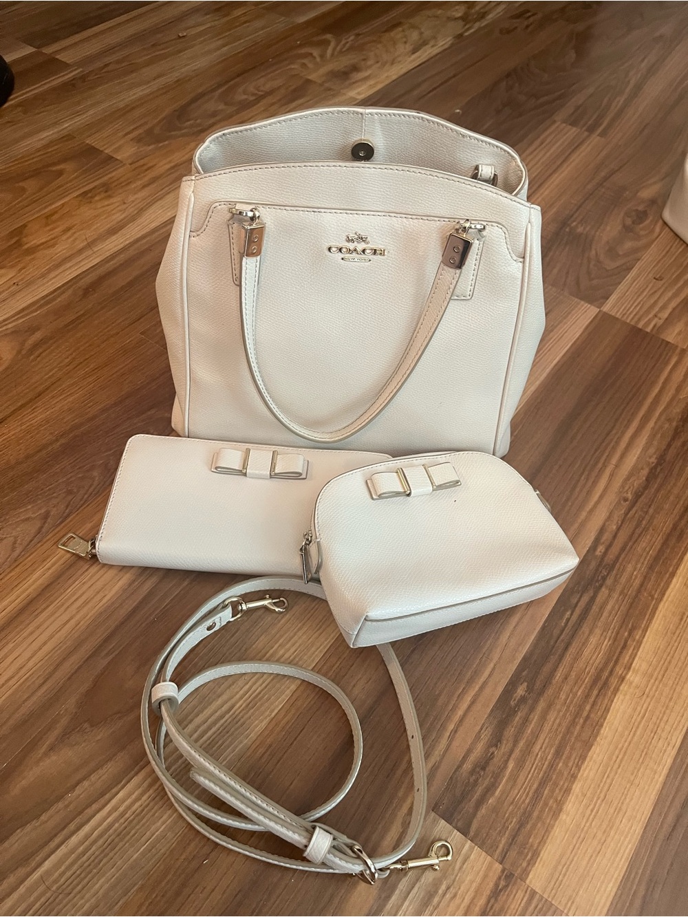 Coach Cream Pebbled Leather Tote with Wallet, Pouch and Strap